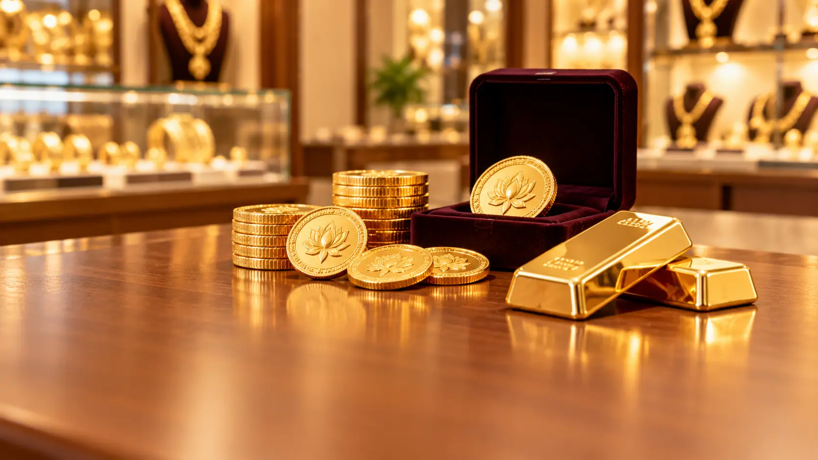 Gold coins and bars on a jewellery store counter