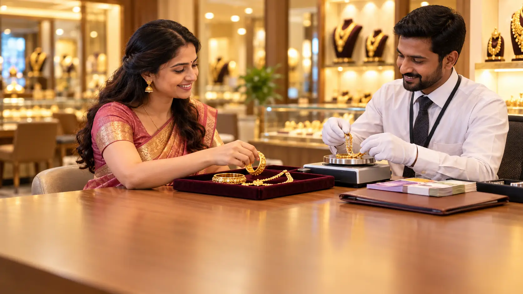 Gold jewellery being weighed for a gold loan