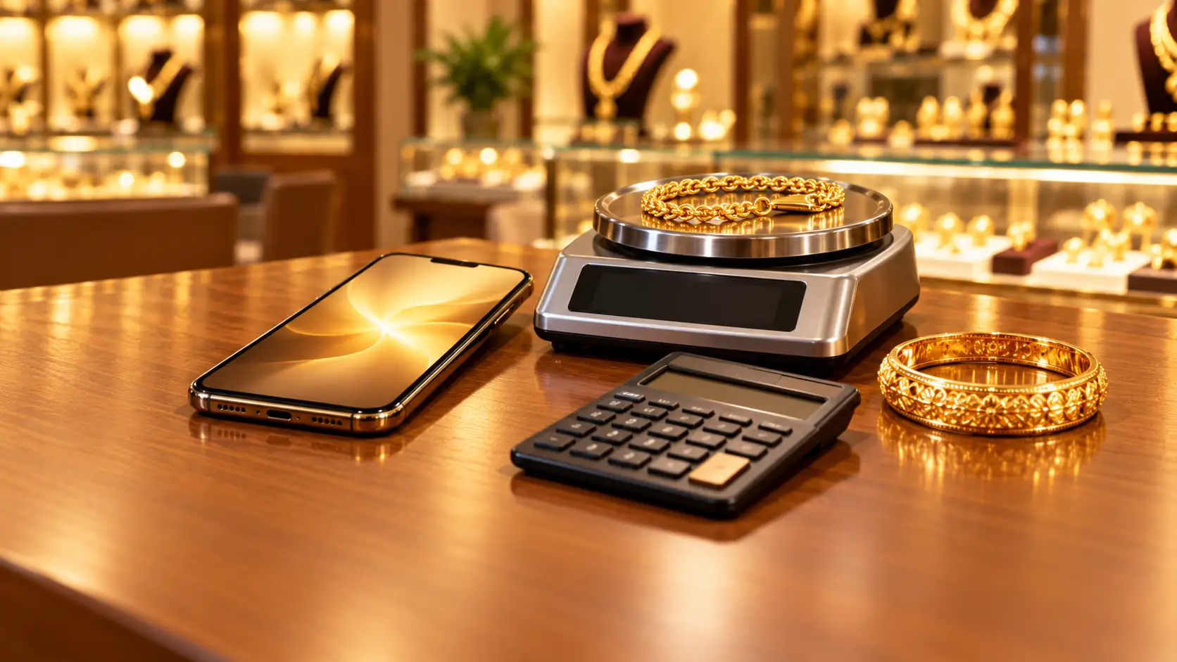 Gold weighing scale, calculator and phone on a jewellery counter