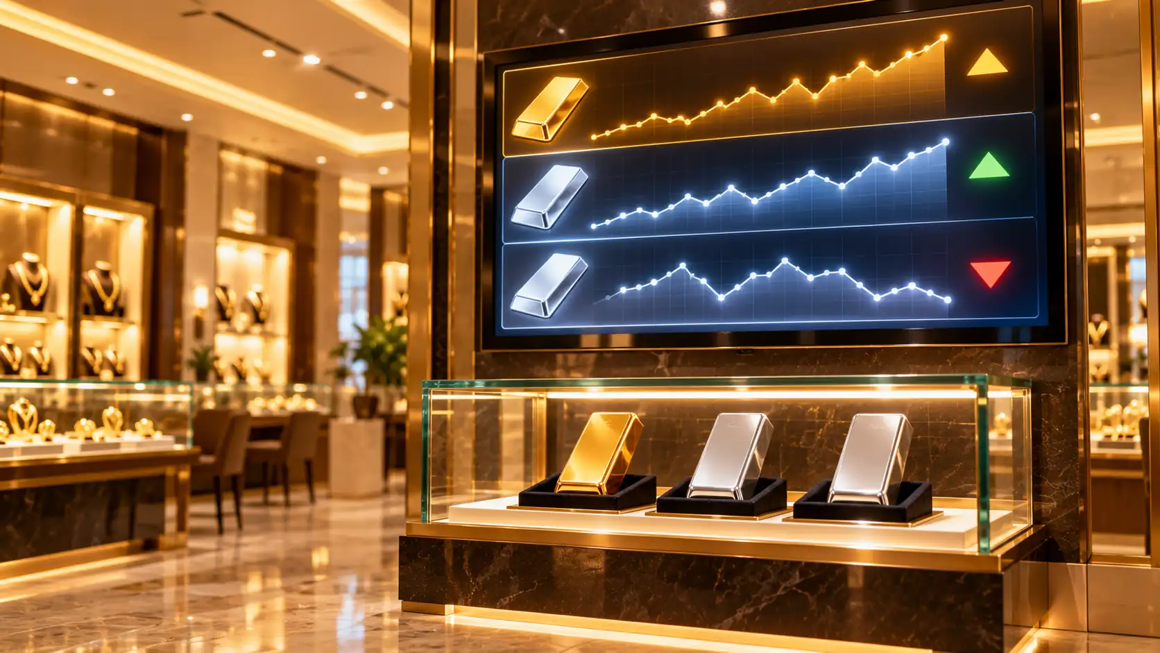 Gold, silver and platinum bars with a rising rate chart